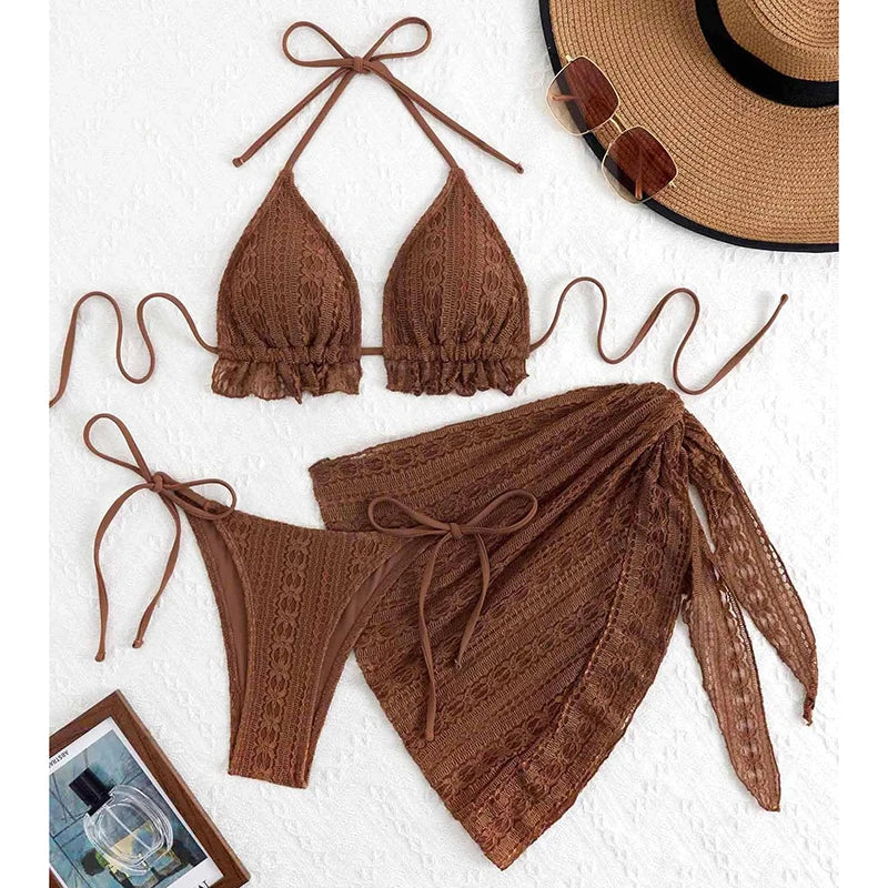 Sexy Bikini Set Bathing Suit Women Triangle Spliced Ruffles Halter Bikini Push Up Bandage Cover Up Beachwear 3 Piece Swimsuit