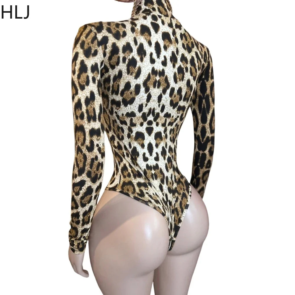 HLJ&GG Sexy Leopard Bodycon Bodysuits Women Turtleneck Long Sleeve Slim Romper Spring New Fashion One Piece Jumpsuit Clubwear