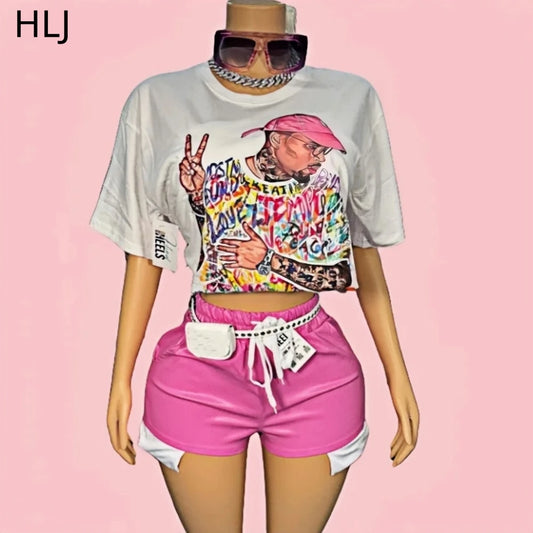 HLJ&GG Y2K Retro Avatar Pattern Printing Two Piece Sets Women O Neck Loose Tshirts+Drawstring Leather Shorts Outfits Streetwear