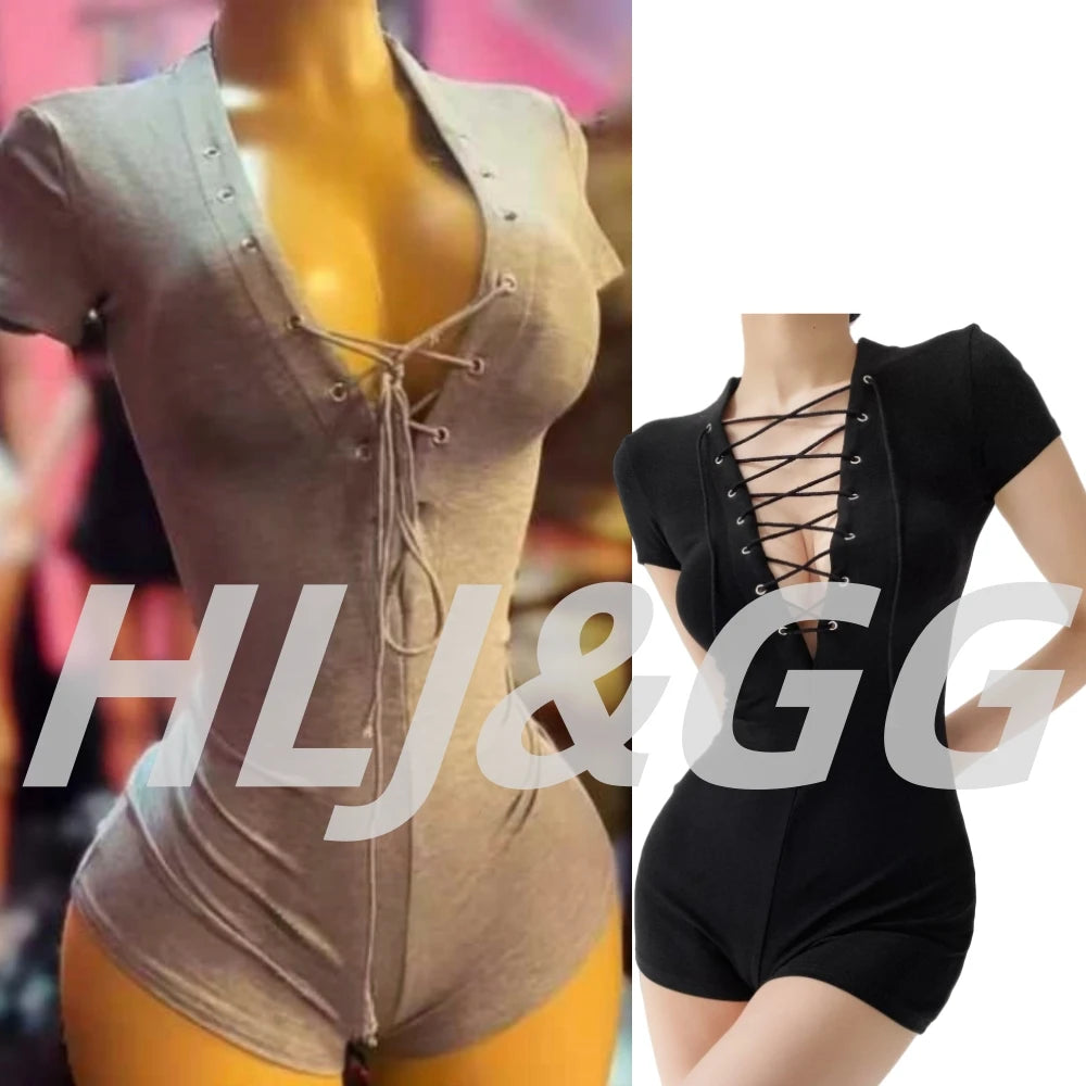 HLJ&GG Sexy Hollow Out Bandage Bodycon One Piece Rompers Women V Neck Short Sleeve Slim Jumpsuits Fashion Overalls Streetwear