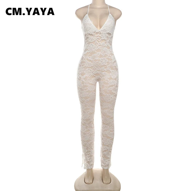 CM.YAYA Fashion Women Spaghetti Strap V-neck Backless Lace See Though Jumpsuits Sexy Club Party Outfits One Piece Suit Rompers