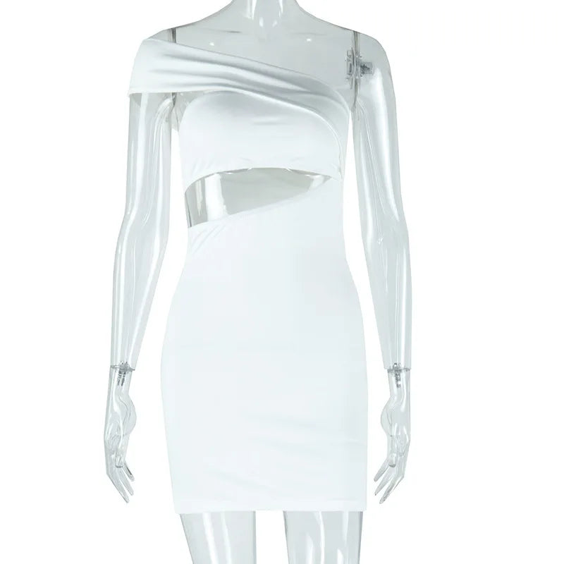 Weird Puss Irregular Hollow Dress Women Ruched Diagonal Collar Sleeveless Midnight Trend Skinny Backless Coquettish Mini Bodycon