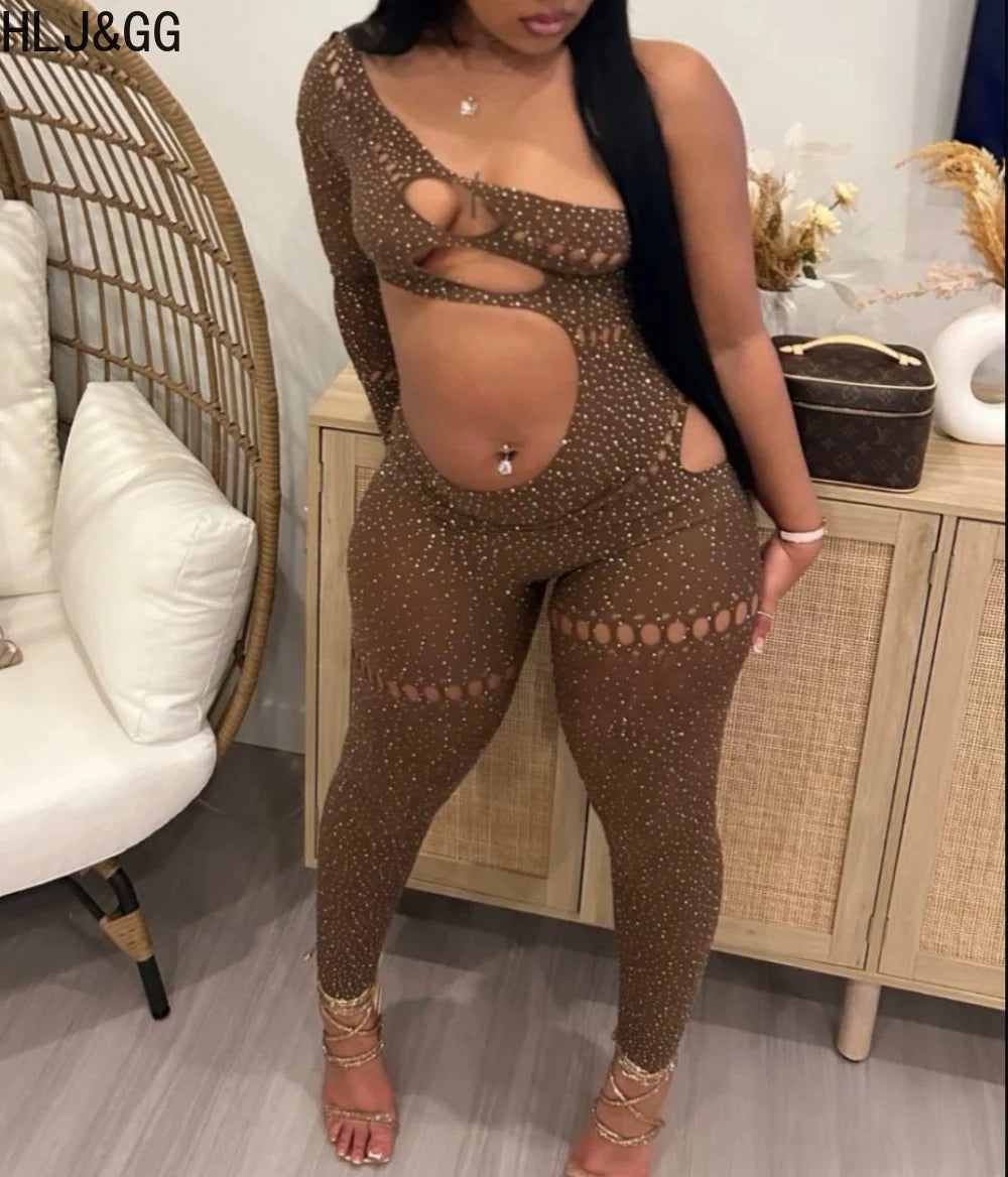 HLJ&GG Sexy Rhinestone Hollow Bodycon One Piece Jumpsuits Women One Shoulder Long Sleeve Slim Playsuit Fashion Clubwear Overalls