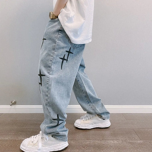Boyfriend Vintage Fashion Straight Casual Loose Denim Cargo Pants Men Designer Prints Star denim pants Streetwear Loose Wide Leg Jeans