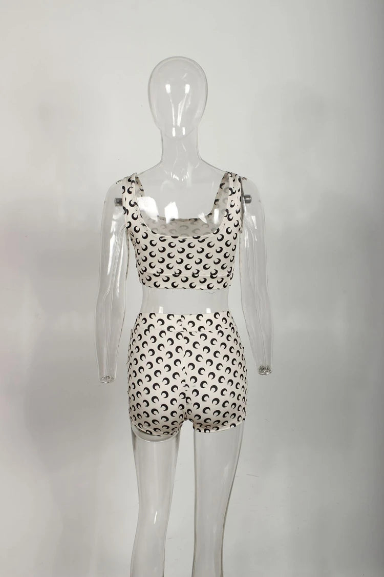 STYLISH LADY Moon Printed 2 Piece Set Women Sleeveless Crop Top and Shorts Suits 2025 Summer Sexy Club Party Fitness Outfits