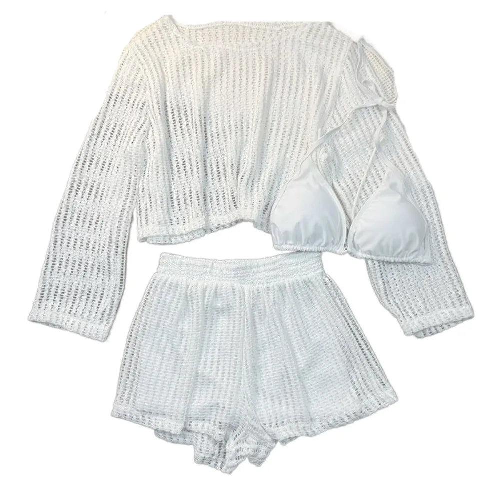 Loose Long Sleeve Swimsuit Hollow Out Pullover Crochet Knit Bathing Suit Beachwear Clothings Beachwear Three Pieces Set Swimwear
