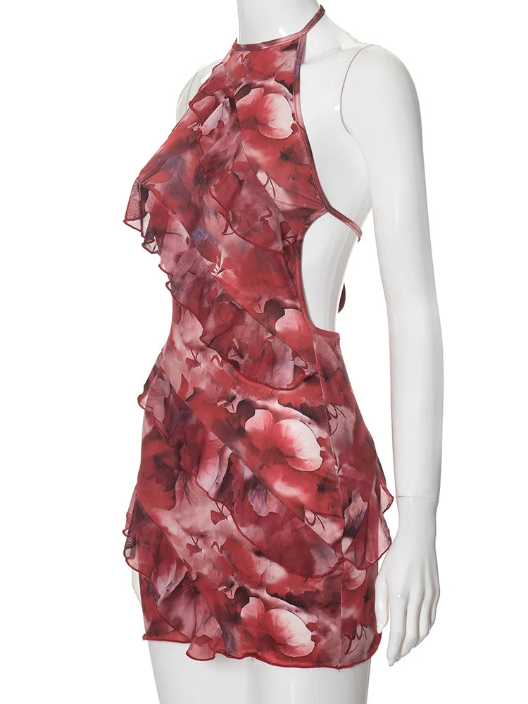 Weird Puss Multilayer Ruffles Dress Women Y2K Backless Halter Tie-Dye Flowers Sleeveless Sexy Stretch Elegant Clubwear Bodycon