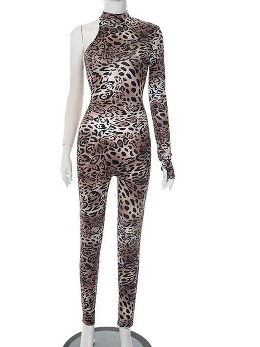 Kricesseen Women's Single Shoulder Mock Neck Leopard Print Skinny Jumpsuits Club Overalls Fitted Animal Print One Piece Outfits