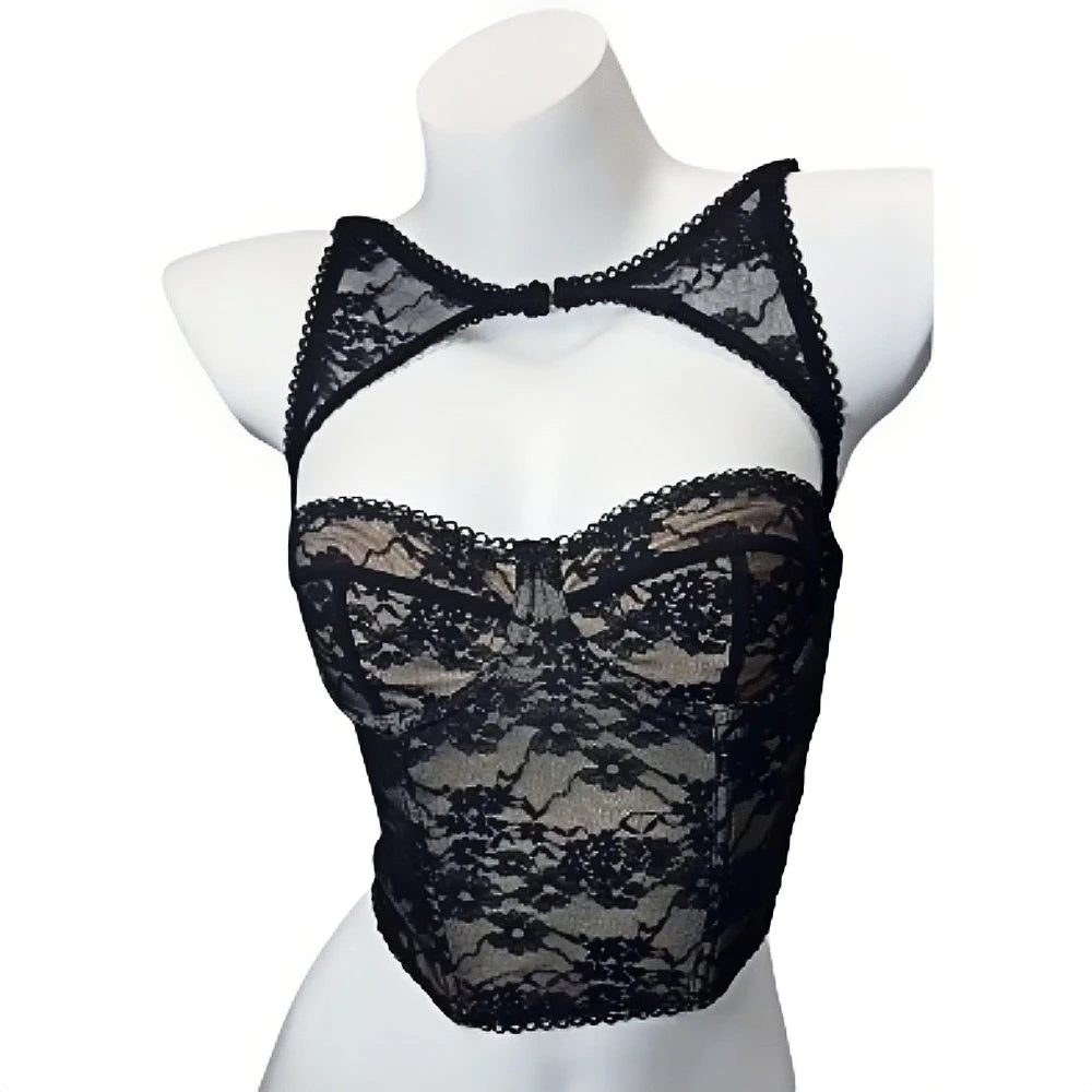 HLJ&GG Sexy Lace Splicing See Though Hollow Two Piece Sets Women Sleeveless Slim Crop Top+Ruffle Mini Skirts Outfits Streetwear