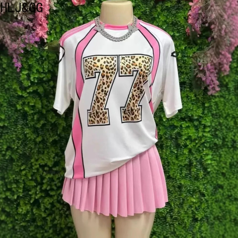 HLJ&GG Fashion Y2K Letter Leopard Puffy Mini Skirts Two Piece Sets Women Round Neck Short Sleeve Top + Skirts Outfits Streetwear