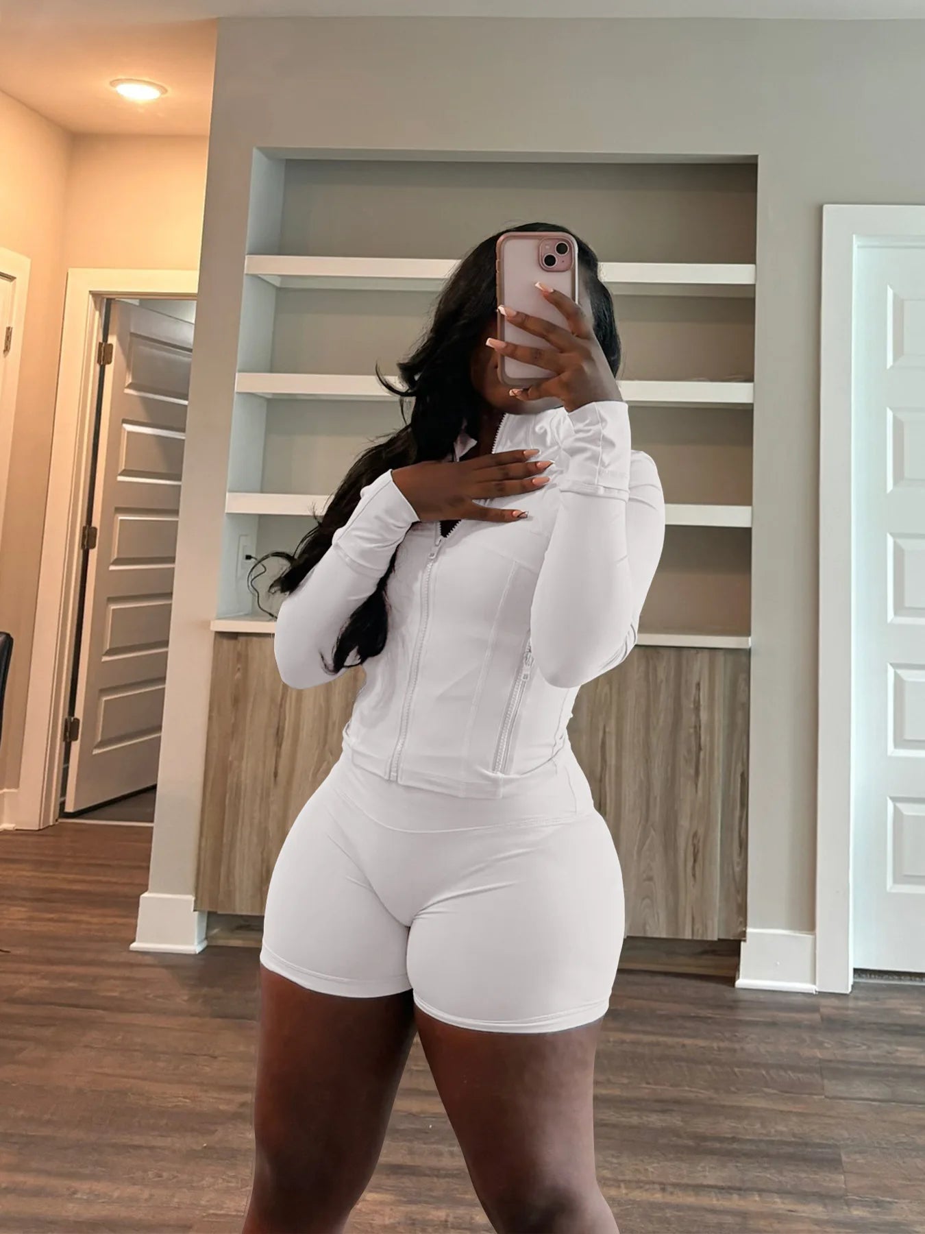 HLJ&GG Casual Sporty Skinny Shorts Two Piece Sets Women Zip Long Sleeve Slim Top + Shorts Outfits Summer New Stretchy Tracksuits