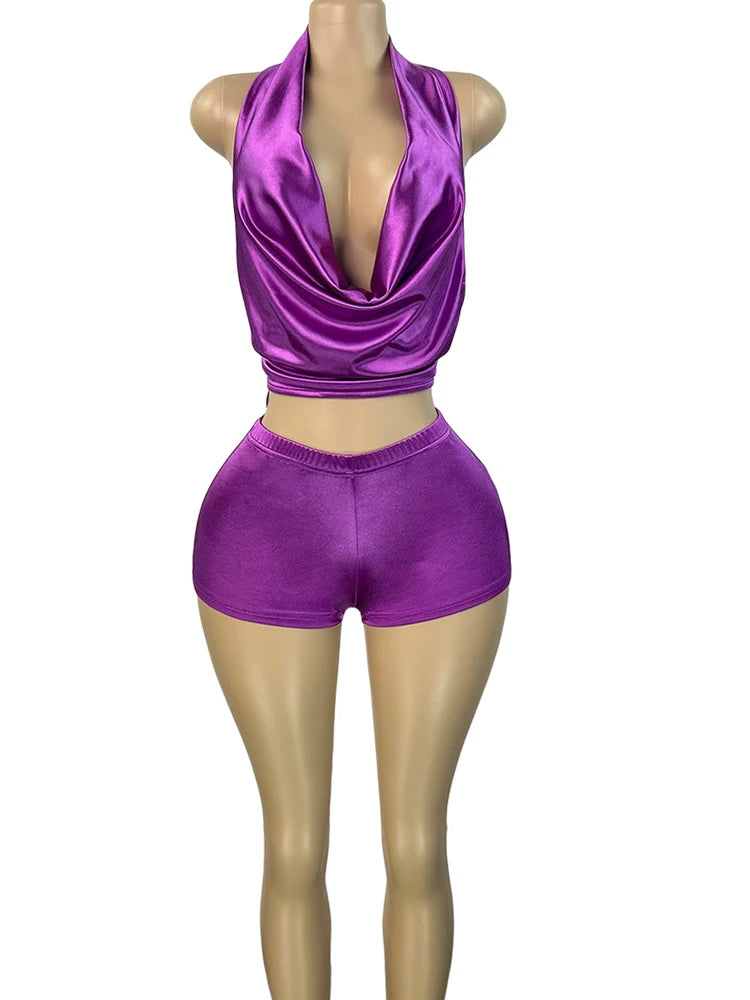 Kricesseen Luxury Golden Stain Birthday Outfits, 2 piece Halter Neck Backless Crop Top And Matching Shorts Set Festival Outfits