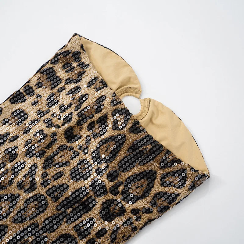HLJ&GG Y2K Fashion Leopard Sequined Shorts Two Piece Sets Women Letter Print Round Neck Slim Crop Top And Shorts Outfits 2025