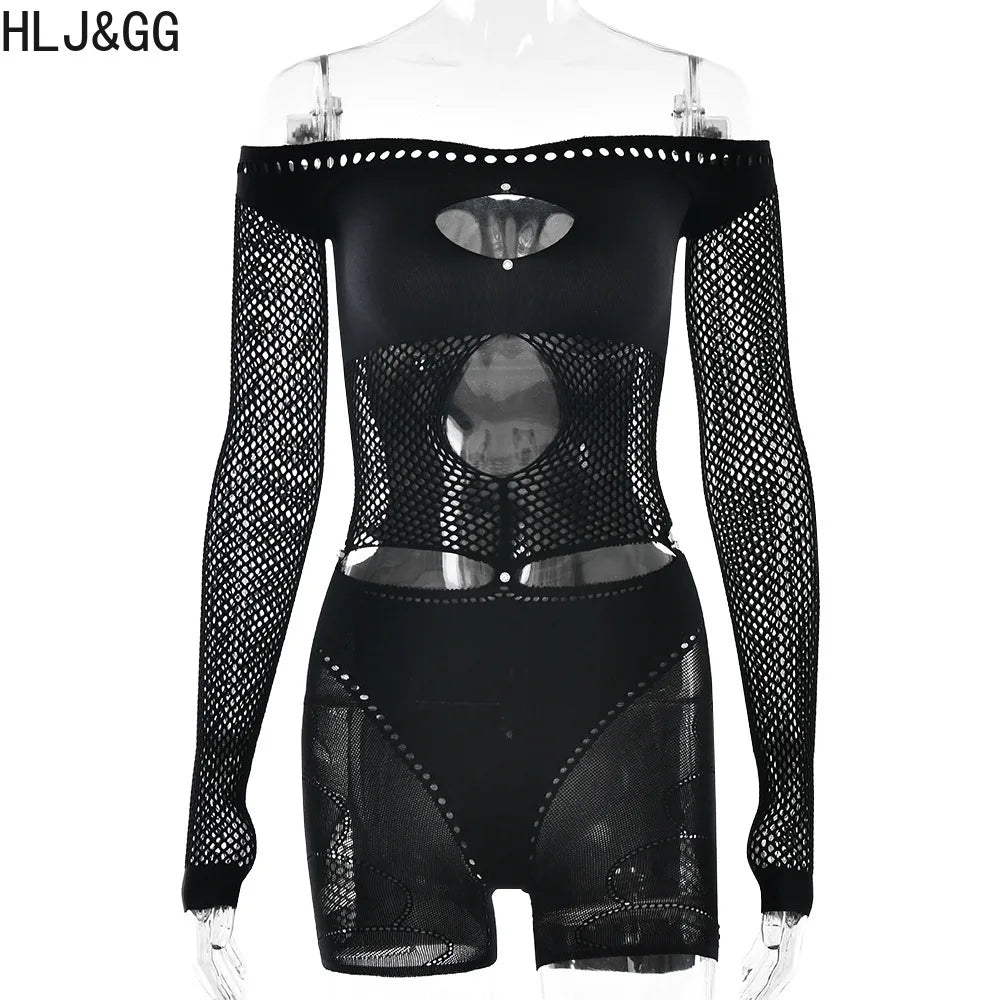 HLJ&GG Sexy Lace Hollow See Though Two Piece Sets Women V Neck Spaghetti Strap Slim Crop Top + Shorts Outfits Fashion Streetwear