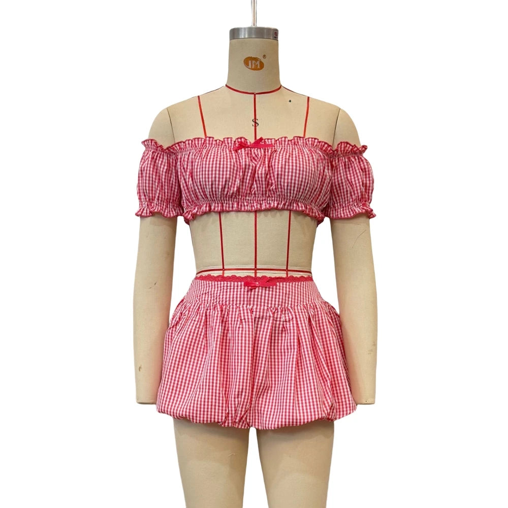 HLJ&GG Red Fashion Plaid Print Bow Two Piece Sets Women Off Shoulder Short Sleeve Crop Top+Mini Skirts Outfits Sweet Streetwear