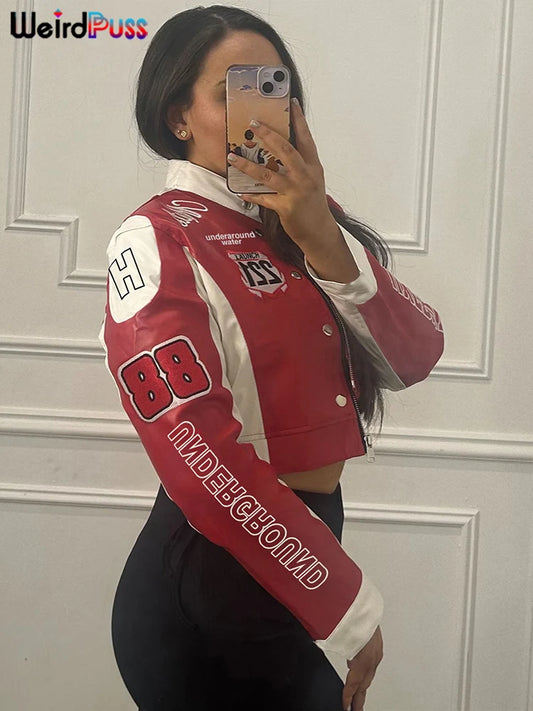 Weird Puss Hipster Patchwork Jacket Women Y2K Letter Print Hipster Uniform Street Single-Breasted Hipster Autumn Trend Zip Coat