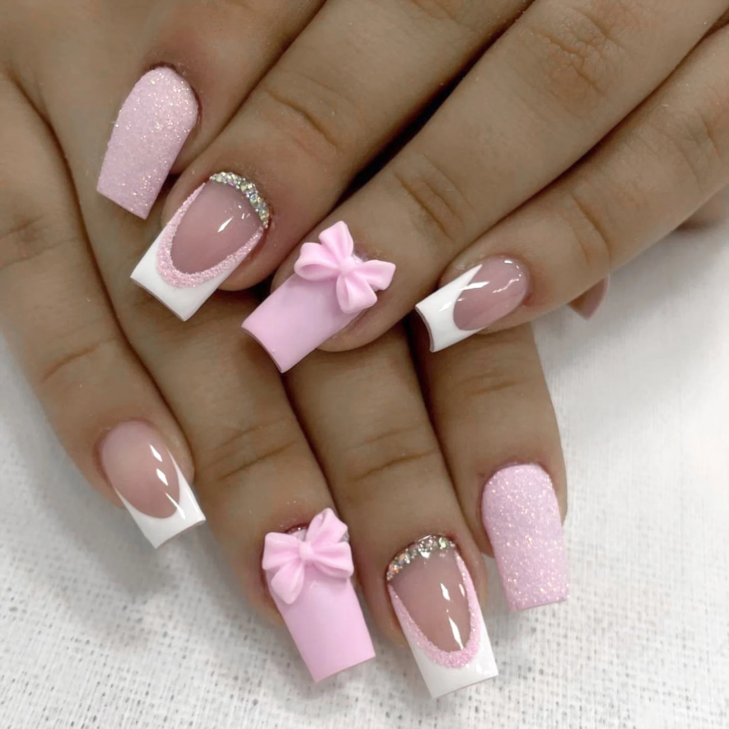24pcs Nude Pink False Nails Patches 3D Bowknots Flower Press On Nails 2024 New Wearable White French Style Fake Nail Tips