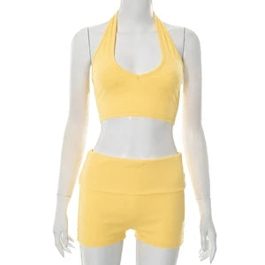STYLISH LADY Printed Ribbed 2 Piece Set Women Halter Backless Crop Top and Shorts Suits 2025 Summer Sexy Club Party Outfits