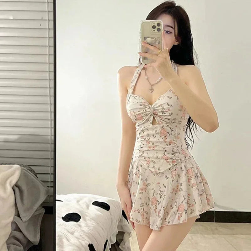 Cute Women Hanging Neck Sweet Swimwear Sexy One-piec Beach Wear Swim Suit Beach Dress Swimsuit High Waist Bathing Suit for Girls