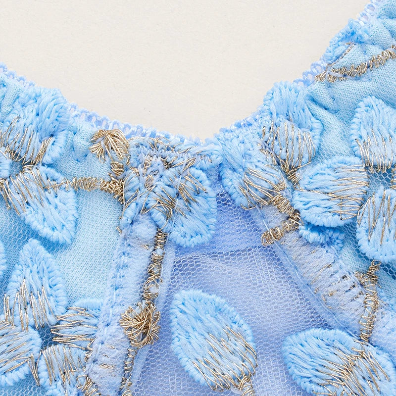 Women Blue Camisole Vest Bra Embroidery Flower Corsets Slim Fit Versatile Lady Corset Top Sexy Lace Rayon Ultra-Thin Thick Bra