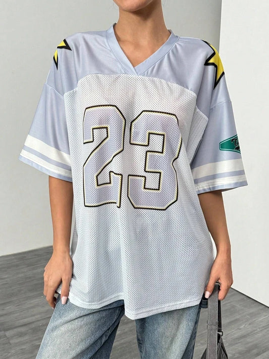 STYLISH LADY Letter Number Printed T Shirts 2025 Summer Women Short Sleeve V Neck Casual Loose Hip Hop Tops Tees