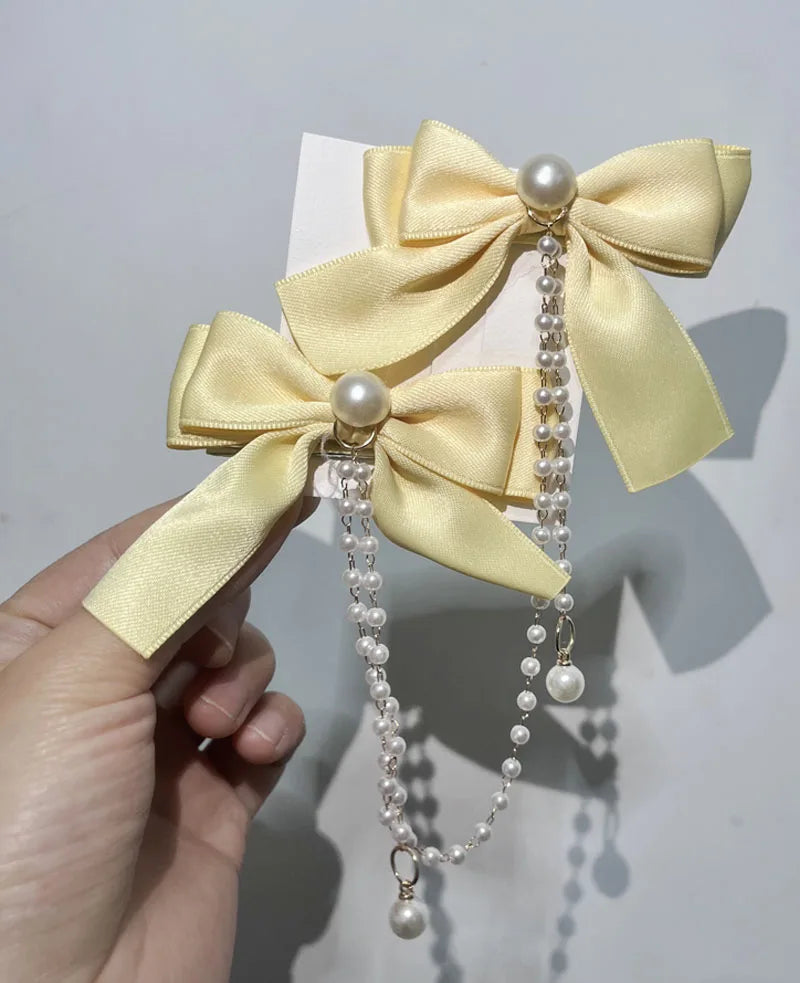 Sweet Princess Style Pink Pearls Chain Bow Hair Clip Women Children's Cute Back Head Hairpins Hair Clips Girls Hair Accessories
