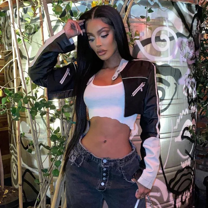 HLJ&GG Black Leather Jacket Fashion Streetwear Women Zip Long Sleeve Crop Top+Tshirts+Sequin Shorts 3 Piece Sets Female Clothing