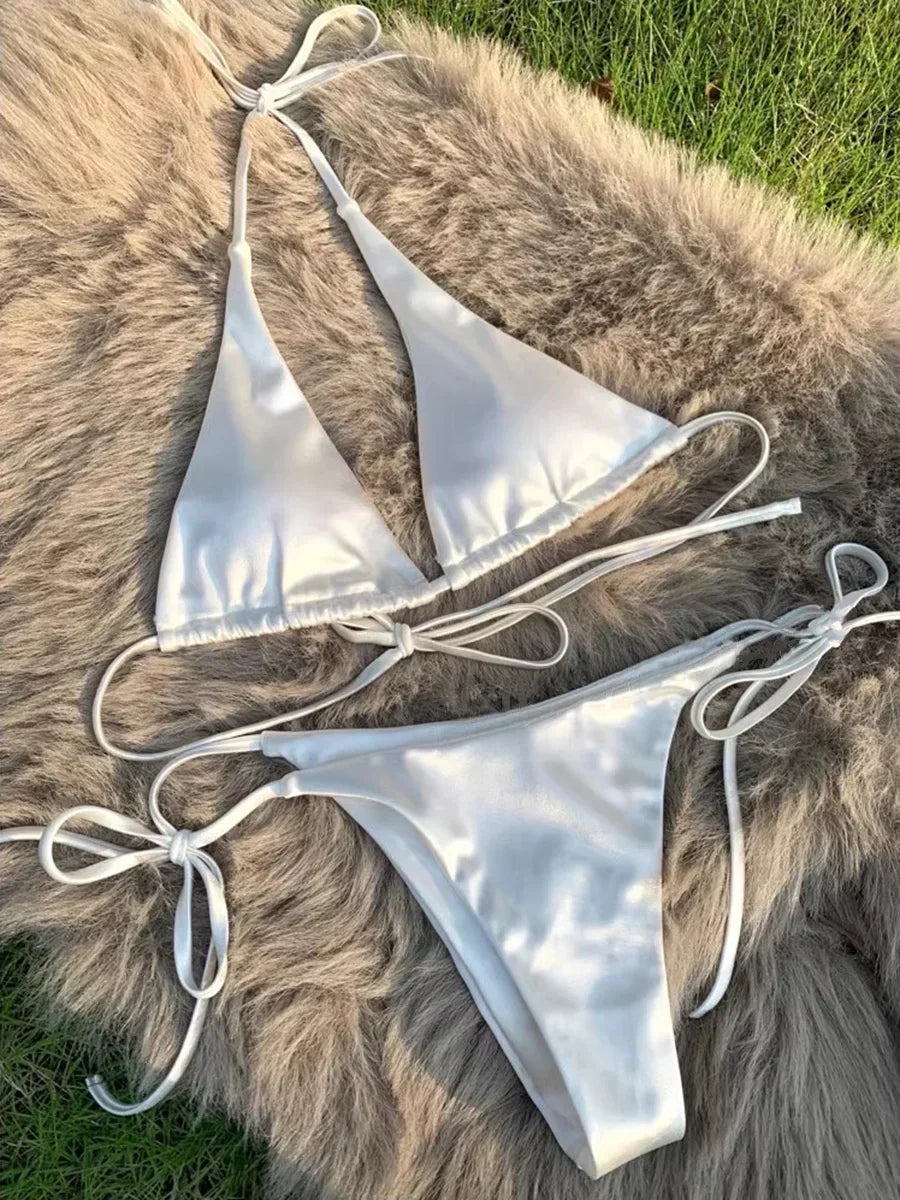 Halter Brazilian Metallic Satin Bikini Swimwear, Swimsuit Two-pieces Bikini Set High Cut Bathing Suit Swim Beachwear