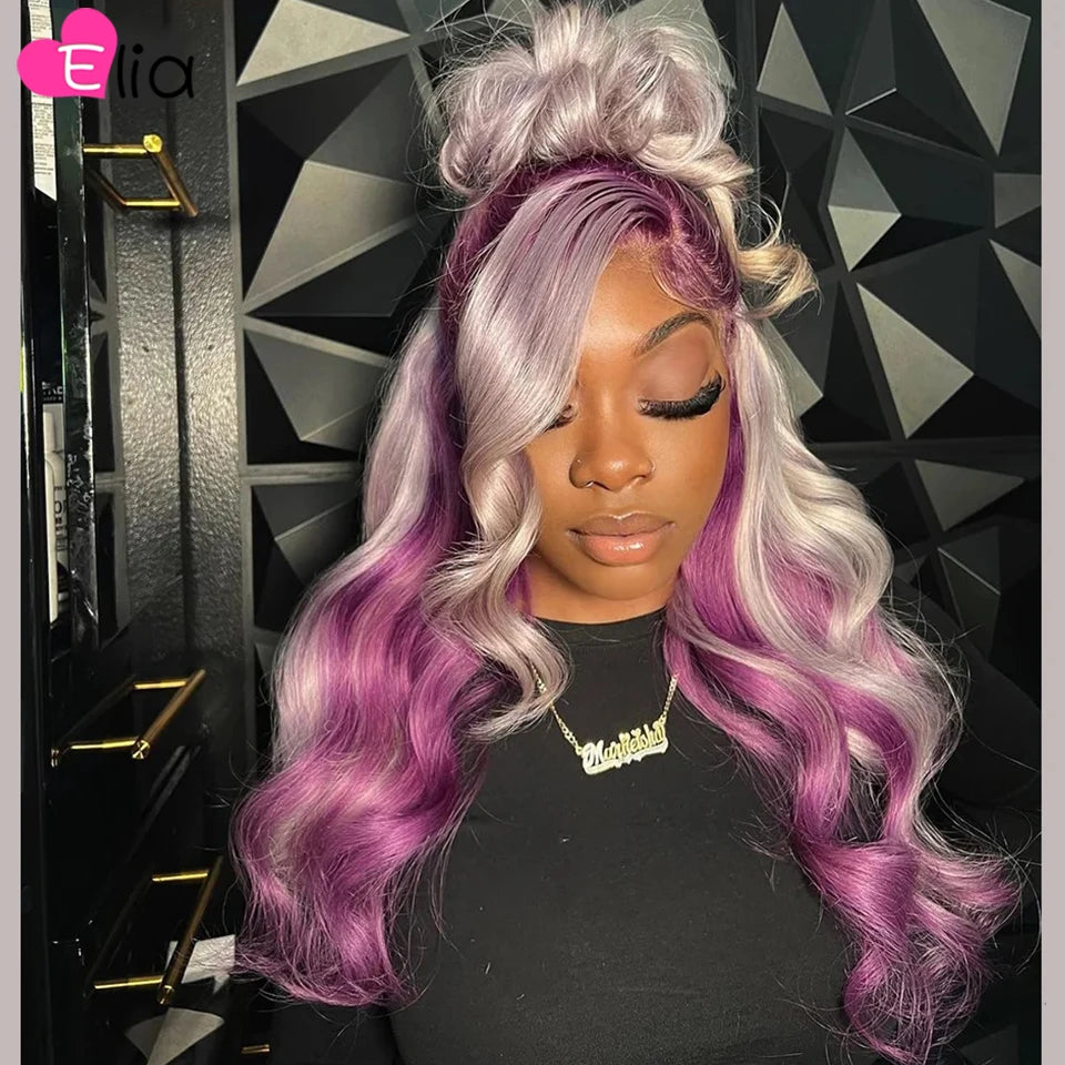 613 Lace Frontal Wig 13x6 Ombre Purple Colored Brazilian human hair wig sale Transparent Lace Closure Wig 5x5 Wigs Elia Hair