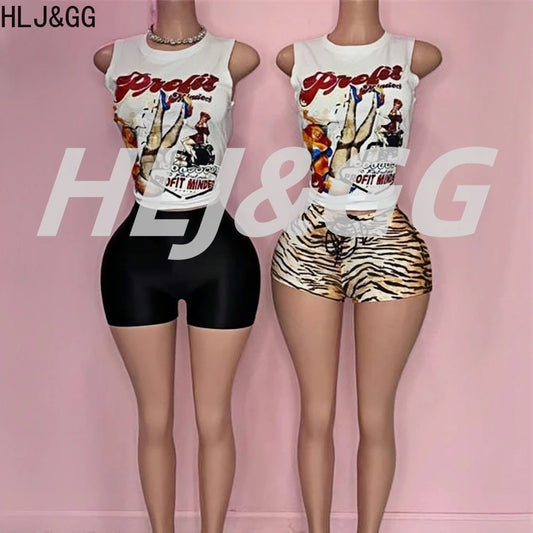 HLJ&GG Fashion American Vintage Style Pattern Print Two Piece Sets Women O Neck Sleeveless Top And Tiger Bandage Shorts Outfits