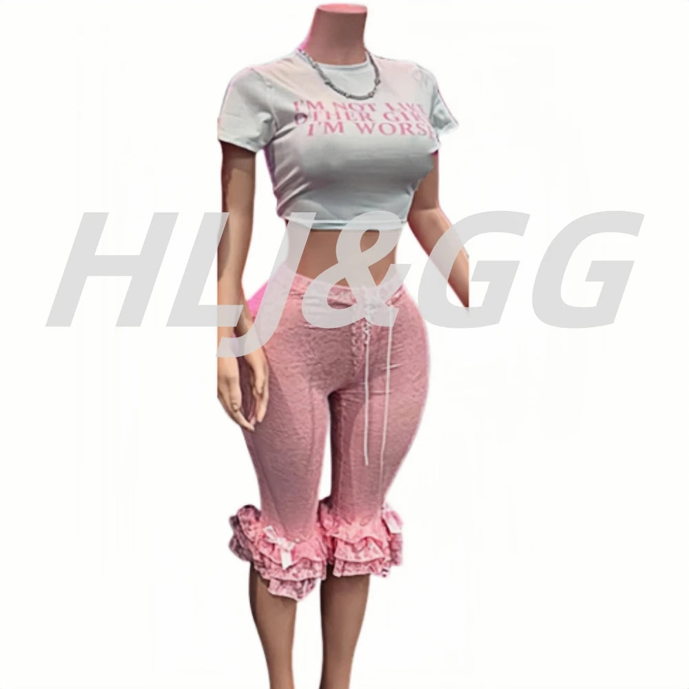 HLJ&GG Y2K Fashion Lace Bandage Hollow Out Two Piece Sets Women Off Shoulder Short Sleeve Slim Crop Top And Ruffle Shorts Outfit