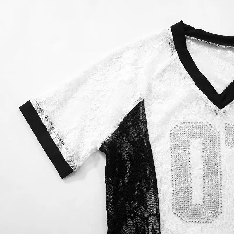 Weird Puss Mesh Patchwork 2 Piece Set Women Rhinestones V-Neck Short Sleeve Crop Tops+Tierred Shorts Skirts Trend Contrast Suit