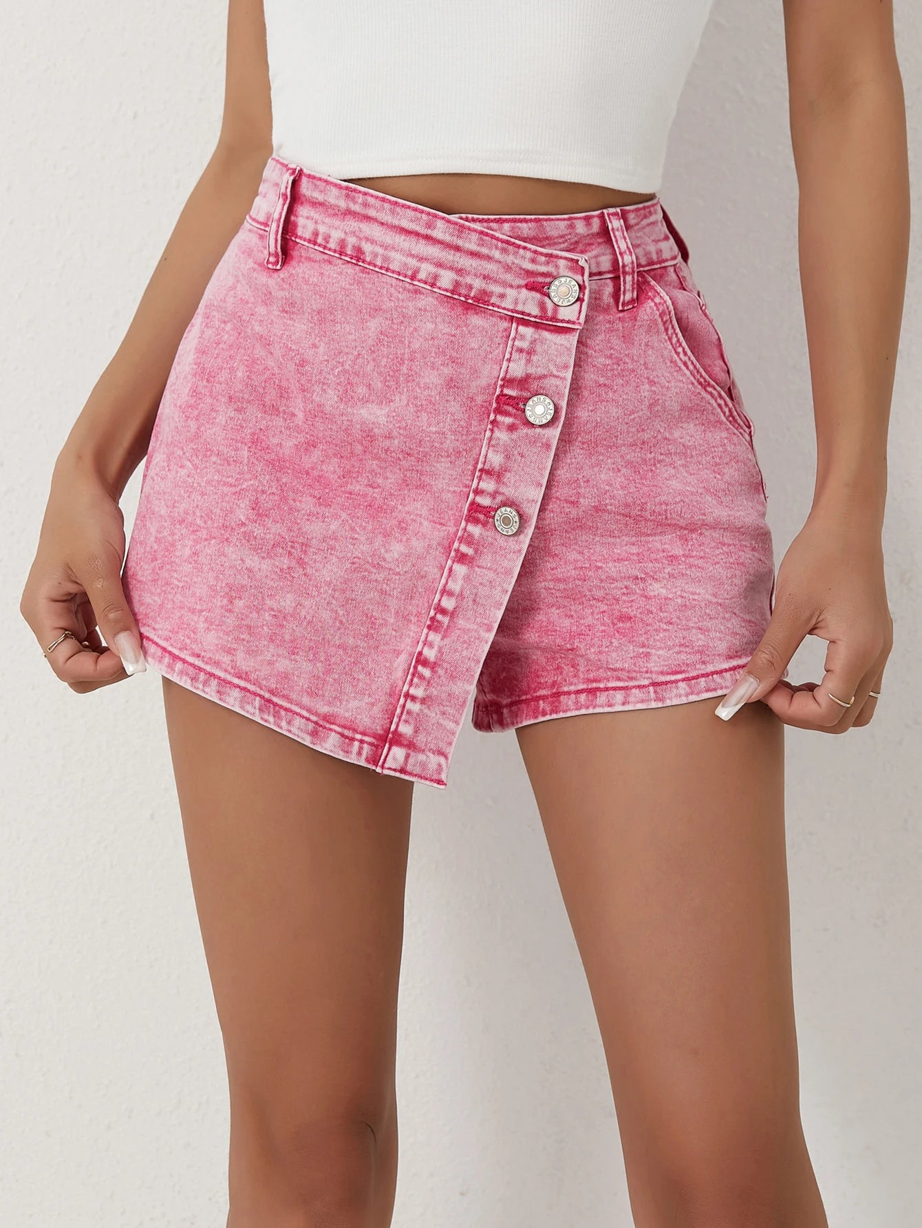 Ladies Shorts Casual Fashion Style High Waisted Pants with Asymmetrical Buttons 2025 New Pink Jeans