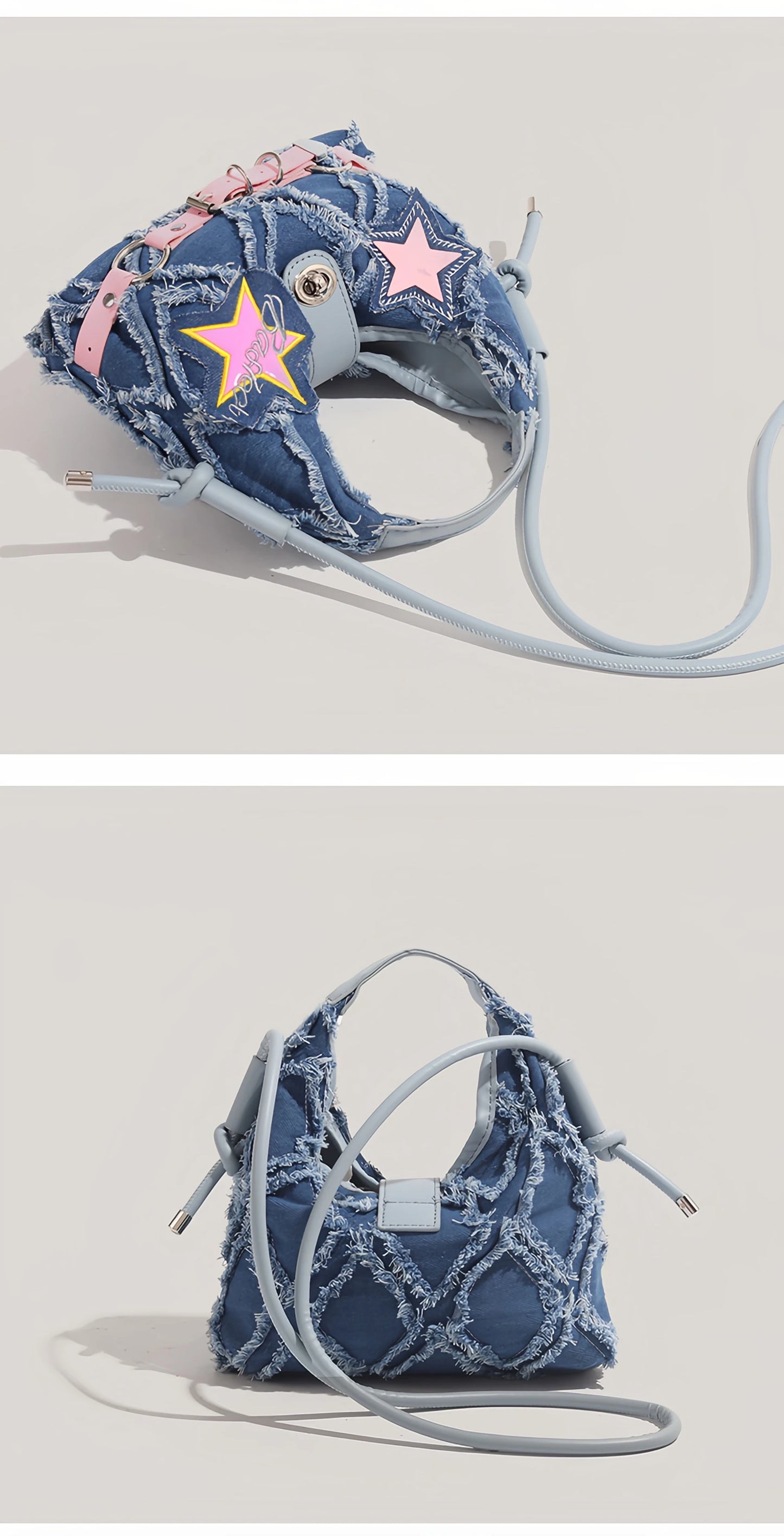 y2k Hot Girl style pink five-pointed star applied-designed fringed jeans crossbody bag A-DH