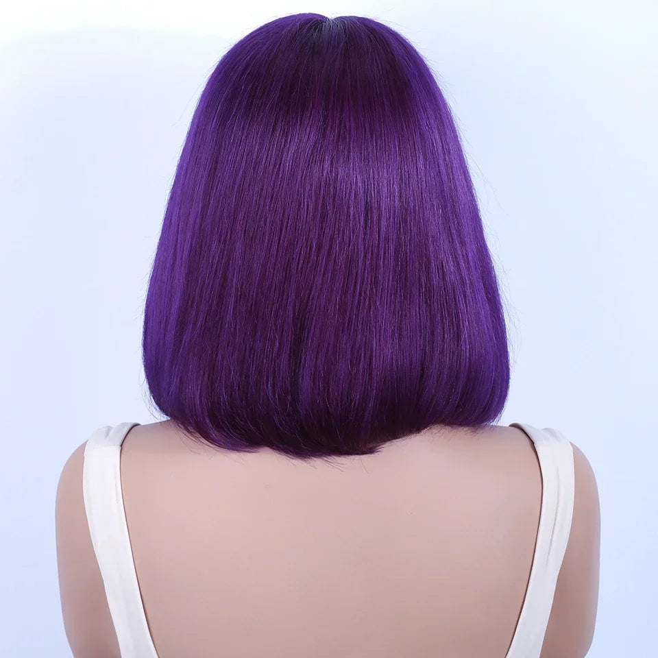 Brazilian Cosplay Purple Hair 13x5x1 T Part Transparent Lace Front Human Hair Wigs 180D Short Straight Lace Bob Wigs Human Wigs