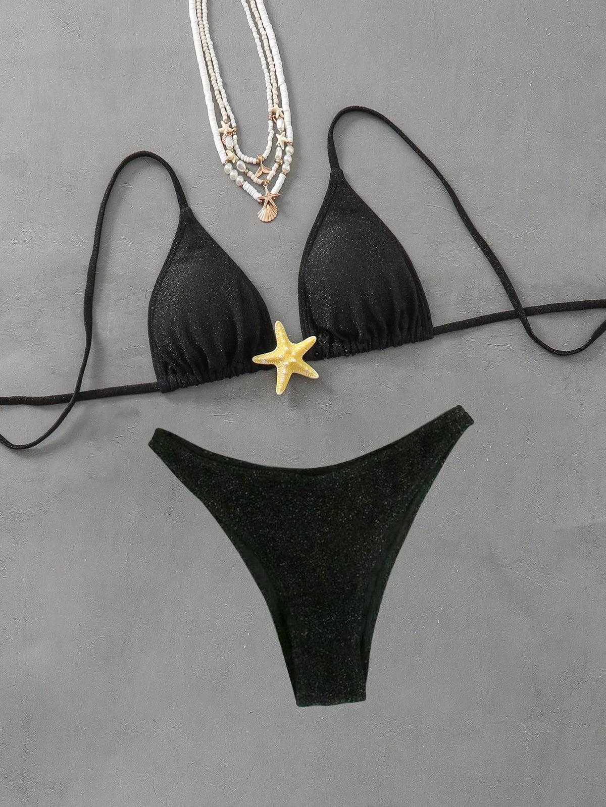2026 New Sexy Halter Bikini Set Starfish Accessories Swimwear Women's Swimsuit Beachwear Black Green Lacing Up Bathing Suit