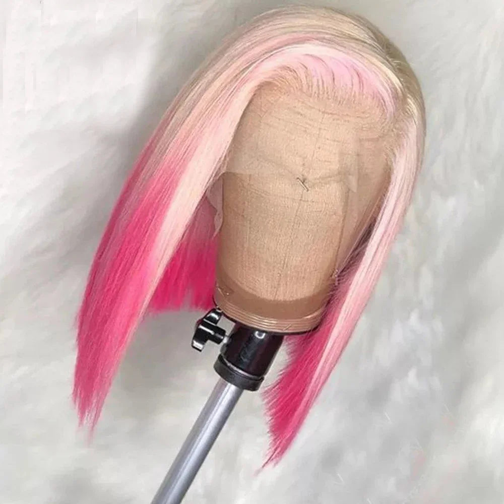 Straight Pink Ombre Short Bob Wig 13x4 Lace Front Human Hair Wigs Brazilian Remy 613 Colored Human Hair Wigs For Women 180%