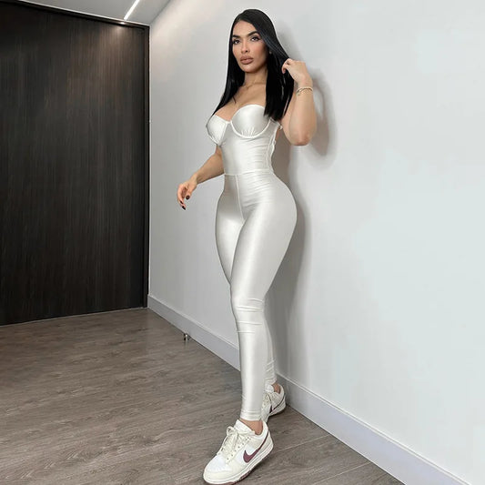 STYLISH LADY Strapless Backless Padded Jumpsuits 2025 Summer Solid Color Sexy Night Club Bodycon One Piece Overalls Streetwear