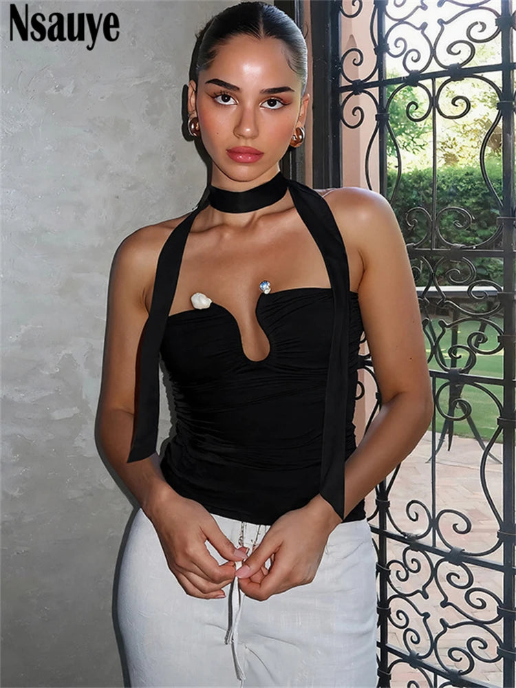Nsauye Summer Women Casual Mini Skinny Black Y2K Fashion Ribbon Halter Crop Tops Sleeveless Sexy Club Strapless Tank Tops 2025