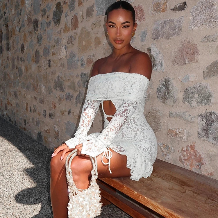 STYLISH LADY Off the Shoulder White Lace Dress 2025 Spring Women Long Sleeve Slash Neck Cut Out Bodycon Ruffle Mini Dresses