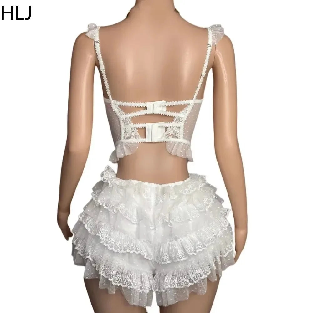 HLJ&GG Lace Sexy Embroidery Sheer Two Piece Sets For Women Thin Strap Tank Top + Ruffle Mini Skirts Shorts Outfit Party Clubwear