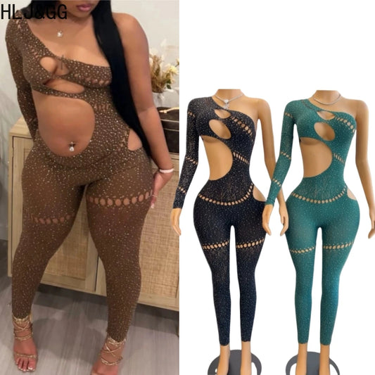 HLJ&GG Sexy Rhinestone Hollow Bodycon One Piece Jumpsuits Women One Shoulder Long Sleeve Slim Playsuit Fashion Clubwear Overalls