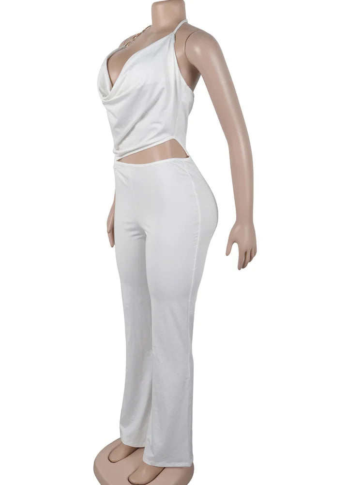 Kricesseen Women's Halter Neck Draped Cut-Out Metal Ring Fitted Jumpsuits Sexy Rompers One Piece Outfits Solid Clubwear Overalls