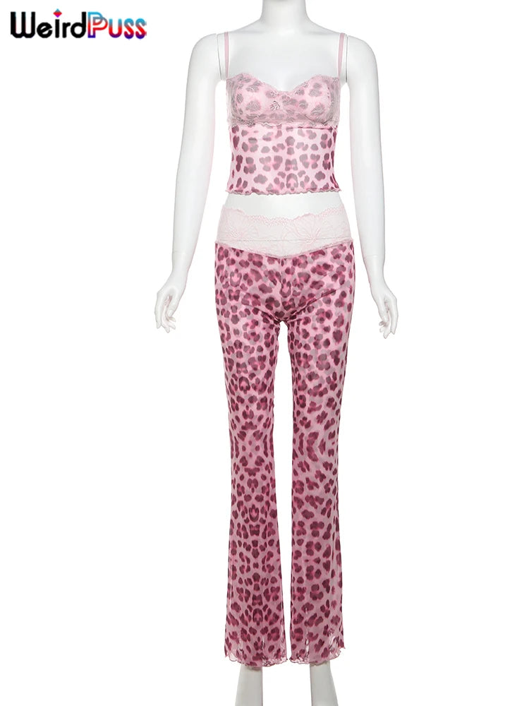 Weird Puss Mesh Patchwork 2 Piece Set Women Sexy Cleavage Sleeveless Crop Tops+Leopard Print Skinny Pants Street Wild Trend Suit