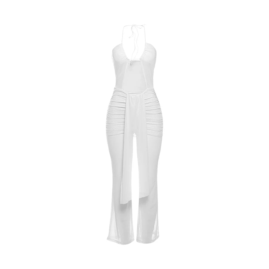 Weird Puss Backless Ruched Jumpsuit Women See Through Sexy Halter Ribbon Hollow Hipster Skinny Summer Clubwear Midnight Overalls