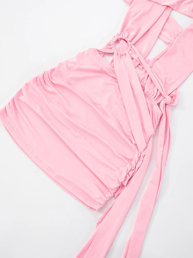 Weird Puss Metal Rings Patchwork Mini Dress Women Irregular Hollow Cross Bandage Midnight Sexy Skinny Peach Hip Street Outfits