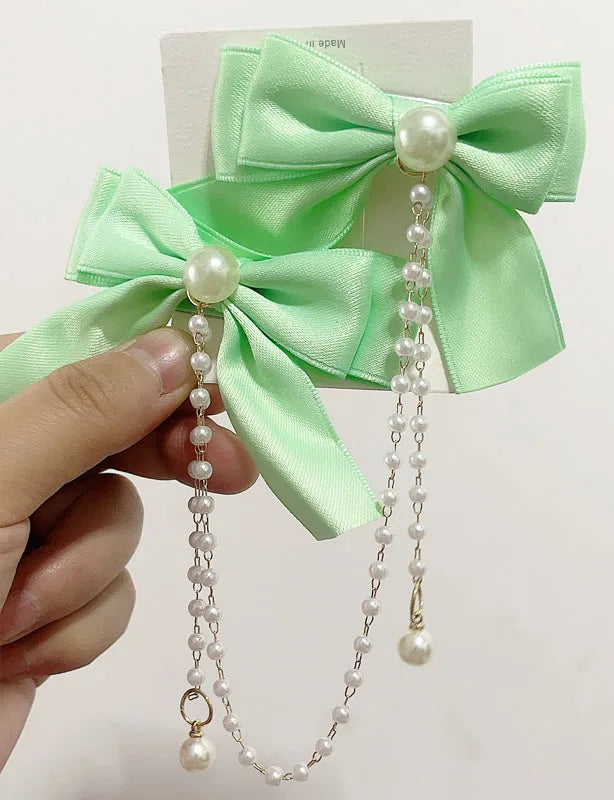 Sweet Princess Style Pink Pearls Chain Bow Hair Clip Women Children's Cute Back Head Hairpins Hair Clips Girls Hair Accessories