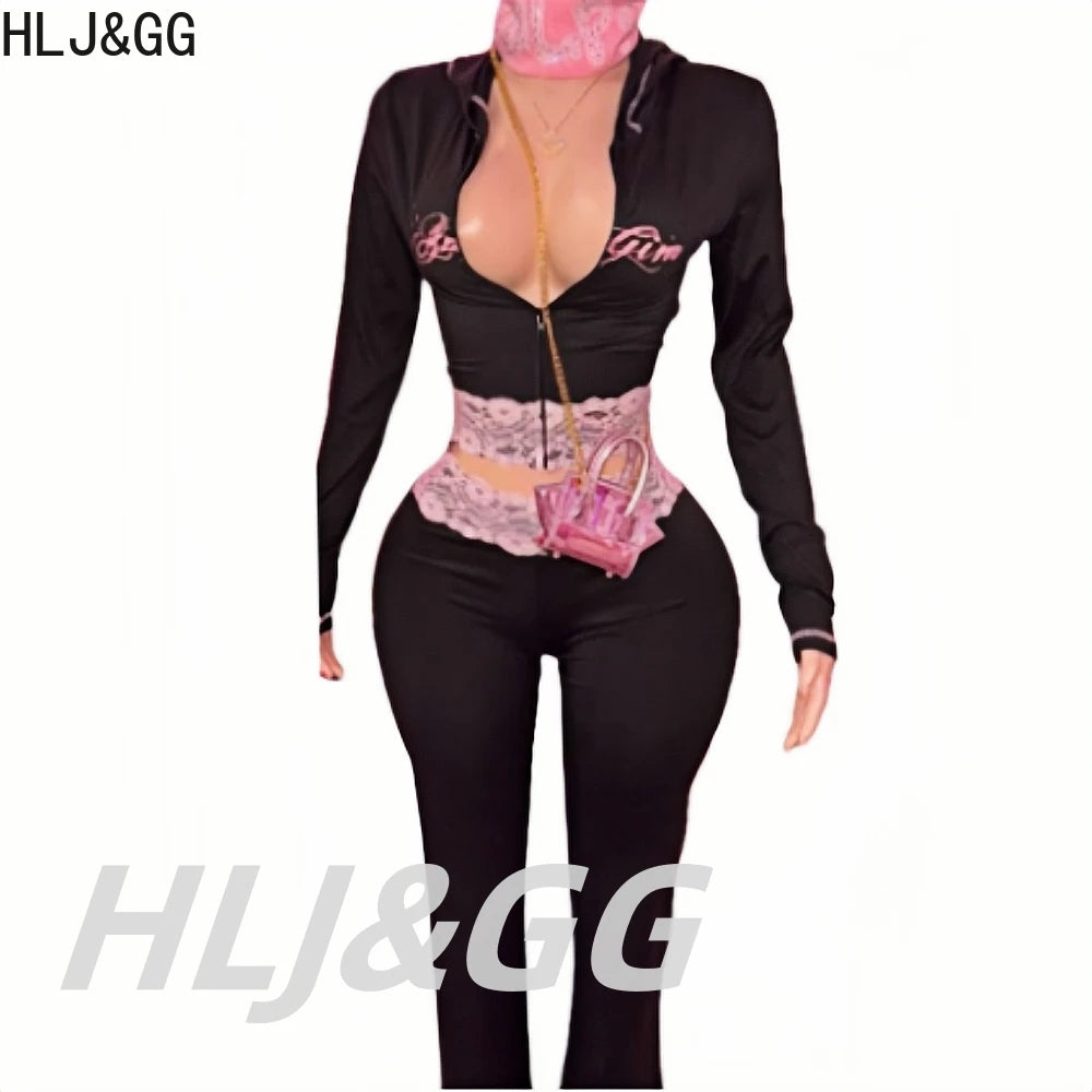 HLJ&GG Black Y2K Letter Printing Hooded Lace Splicing Two Piece Sets Women Zipper Long Sleeve Slim Top And Pants Outfits 2025