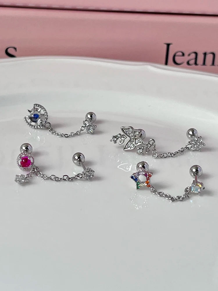 1PCS Pink Love Heart Chain Double Ear Hole 316L Stainless Steel Ear Bone Nail Y2K Fashion Hottie Earrings for Women Jewelry