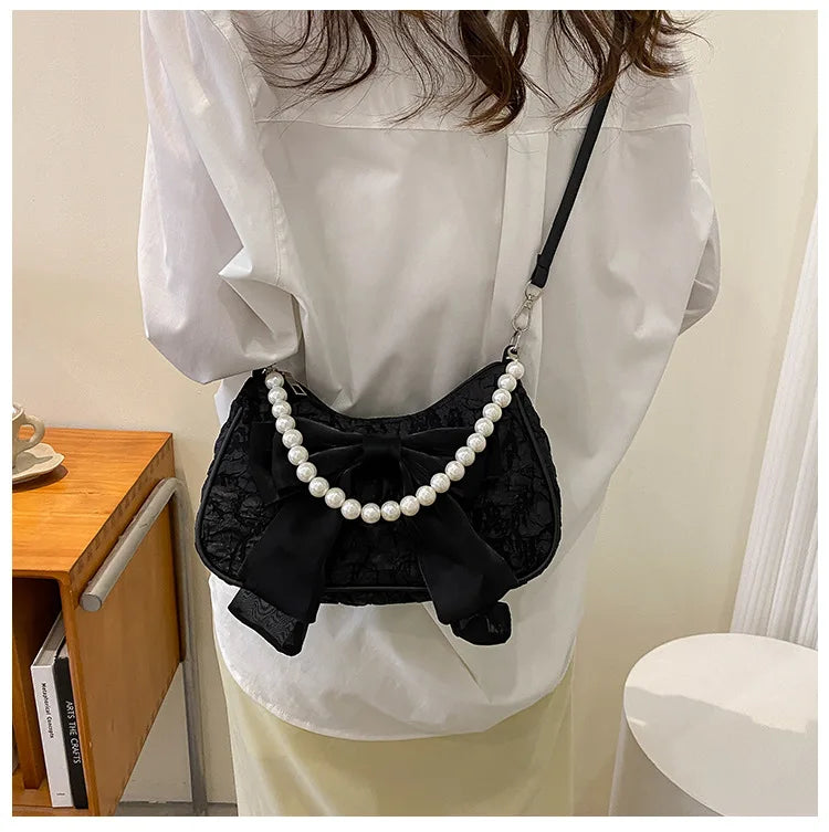 Pearl Female Bag Retro Luxury Designer Handbag Bow Crossbody Bags Fashion Canvas Women's 2023 Trend Shoulder bag Purses
